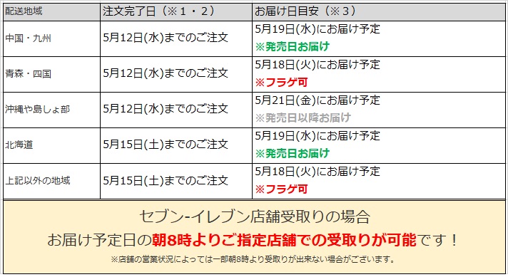 関東地方は、5月15日までの注文でフラゲ可能