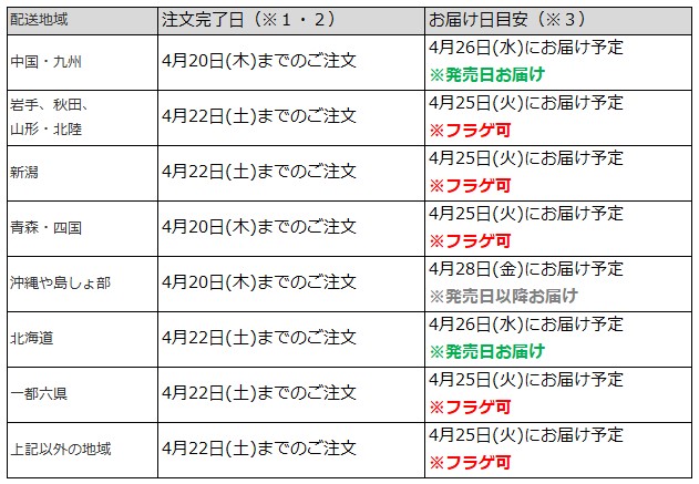 関東なら4月22日までの注文で、フラゲ日(4月25日)にお迎え可能