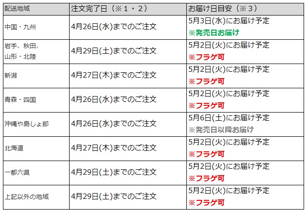 関東なら4月29日までの注文で、フラゲ日(5月2日)にお迎え可能