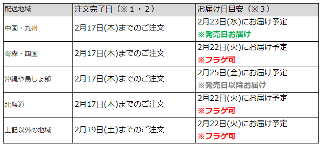 関東・関西なら2月17日までの注文でフラゲ日2月22日にお届け