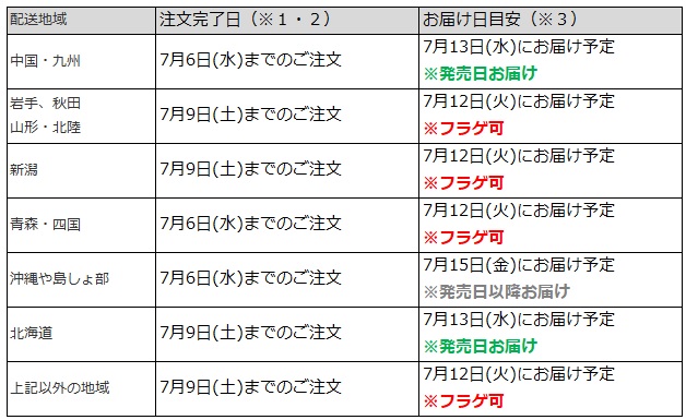 関東関西地域なら、7月9日までの注文でフラゲ日(7月12日)にお迎え可能