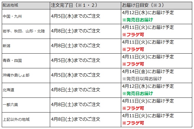 一都六県なら4月8日までの注文でフラゲ(4月11日)の受取り(お迎え)可能