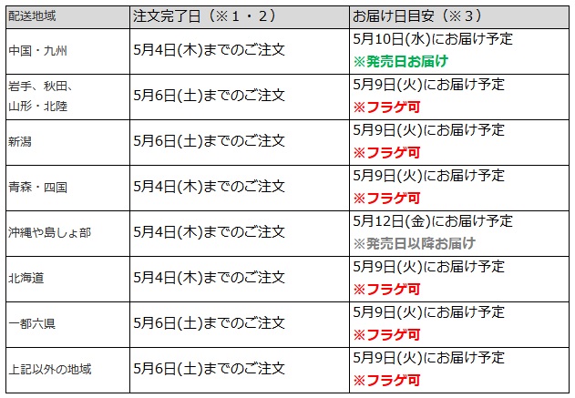 関東なら5月6日までの注文で、フラゲ日(5月9日)にお迎え可能