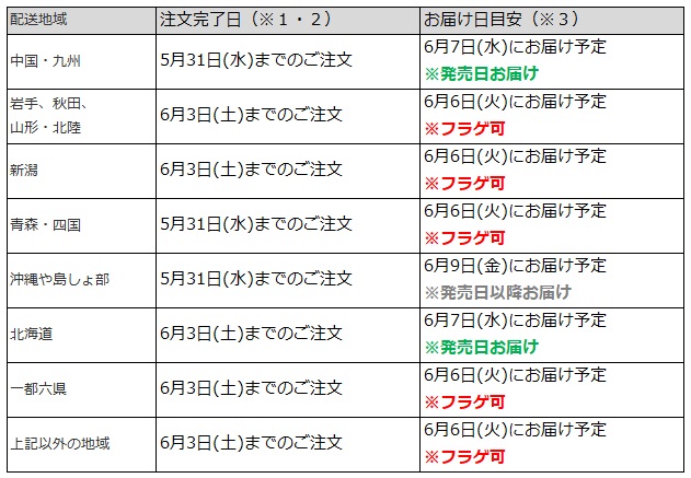 関東なら6月3日までの注文で、フラゲ日(6月6日)にお迎え可能