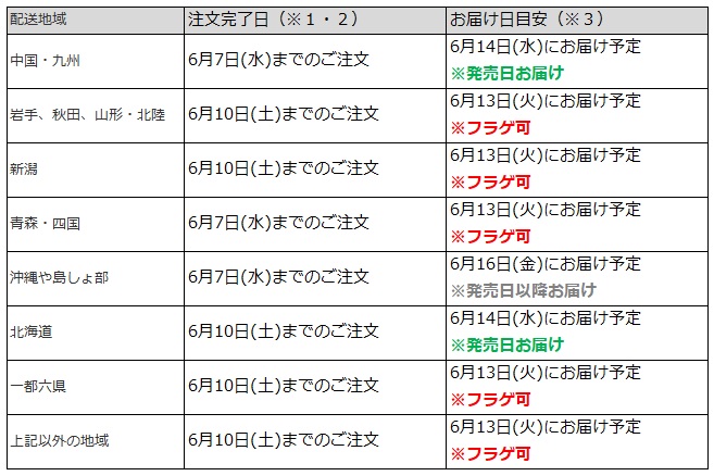 一都六県なら6月10日までの注文でフラゲ(6月13日)の受取り(お迎え)可能