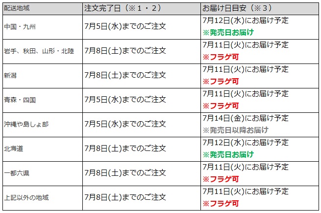 関東関西地域なら、7月8日までの注文でフラゲ日(7月11日)にお迎え可能
