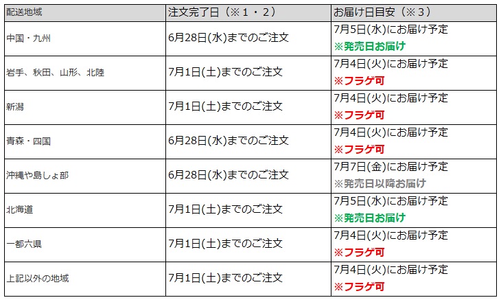 関東なら7月1日までの注文で、フラゲ日(7月4日)にお迎え可能