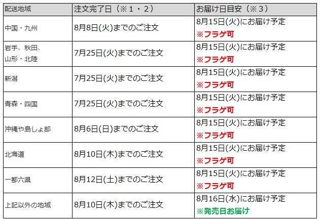 関東なら8月12日までのご注文で、フラゲ日(8月15日)にお迎え可能