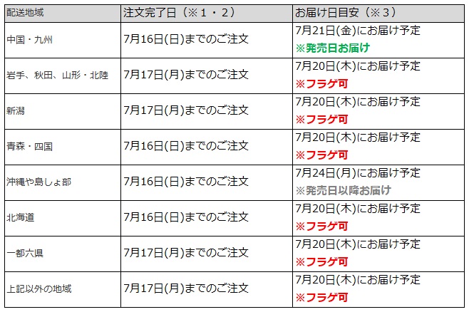 関東なら7月17日までのご注文で、フラゲ日(7月20日)にお迎え可能