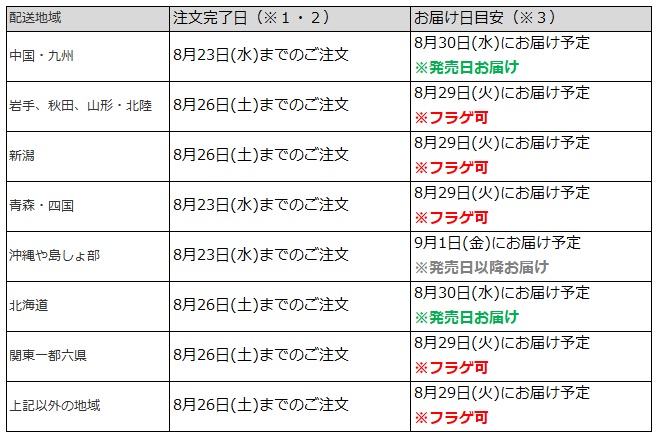 関東一都六県なら8月26日までの注文でフラゲ(8月29日)の受取り(お迎え)可能