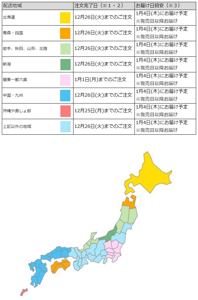 関東一都六県なら1月1日までの注文で1月4日の受取り(お迎え)可能