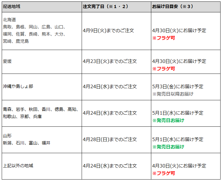 関東一都六県なら4月24日までの注文でフラゲ(4月30日)の受取り(お迎え)可能