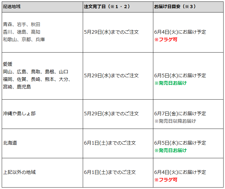 関東なら6月1日までのご注文で、フラゲ日(6月4日)にお迎え可能