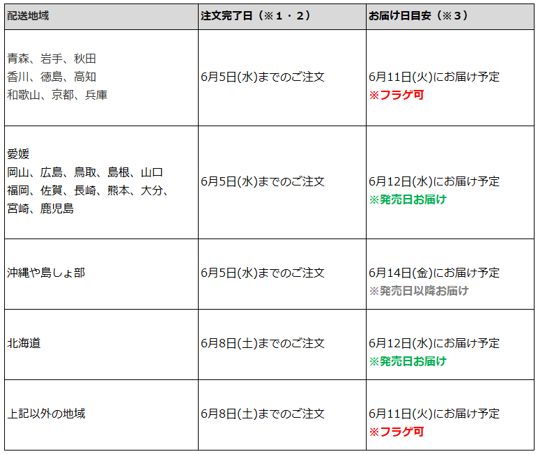 関東一都六県なら6月8日までの注文でフラゲ(6月11日)の受取り(お迎え)可能