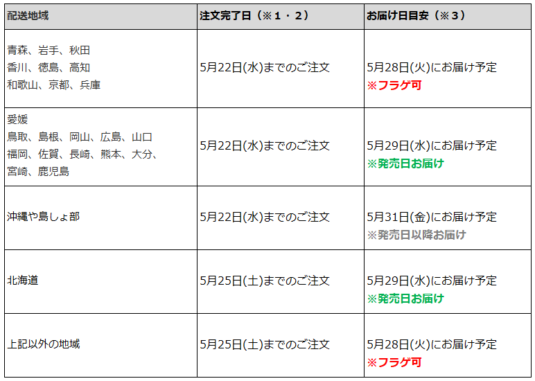 関東なら5月25日までのご注文で、フラゲ日(5月28日)にお迎え可能
