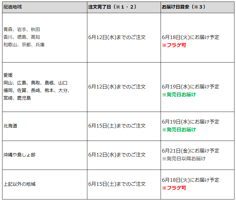 関東一都六県なら6月15日までの注文でフラゲ(6月18日)の受取り(お迎え)可能