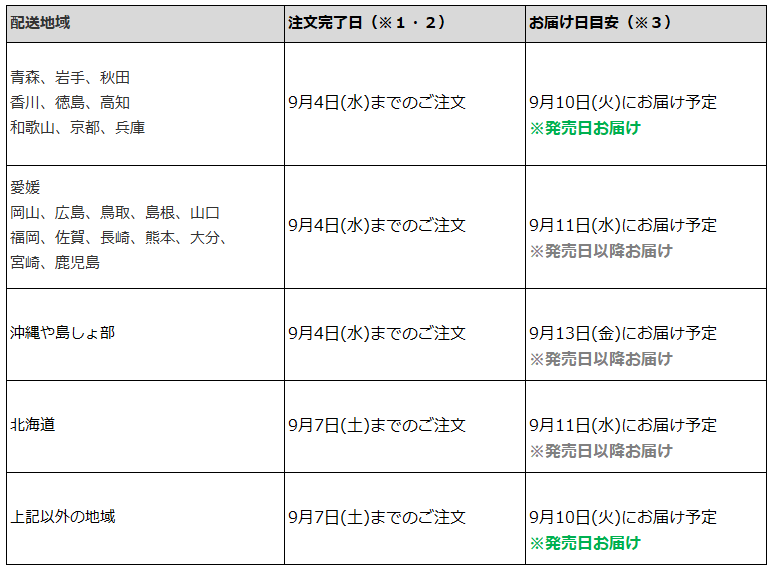 関東なら9月7日までの注文で、フラゲ日(9月10日)にお迎え可能