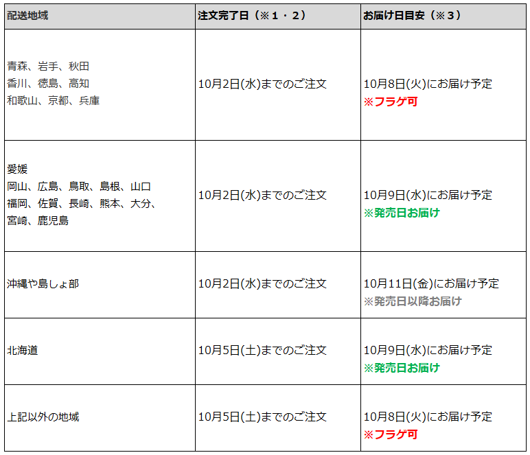 関東なら10月5日までの注文で、フラゲ日(10月8日)にお迎え可能