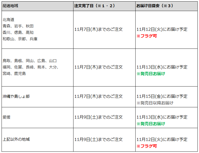 関東一都六県なら11月9日までの注文でフラゲ(11月12日)の受取り(お迎え)可能