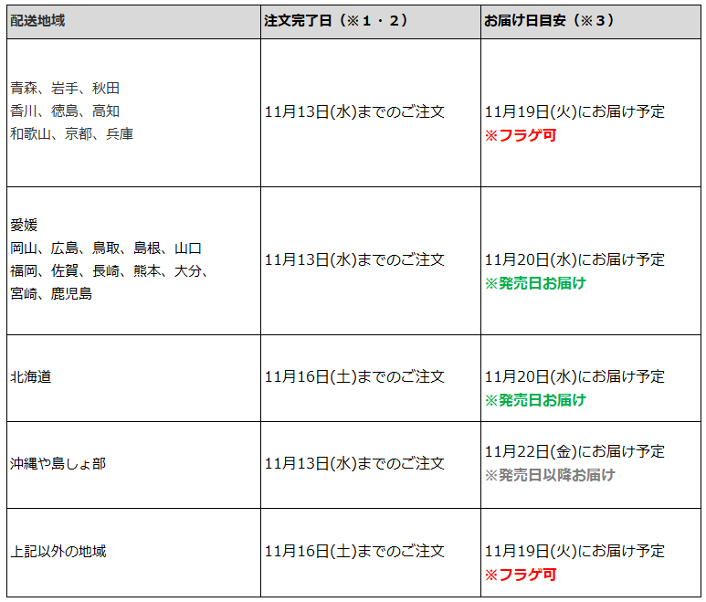 関東一都六県なら11月16日までの注文でフラゲ(11月19日)の受取り(お迎え)可能