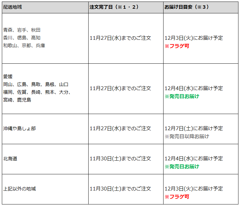 関東一都六県なら11月30日までの注文でフラゲ(12月3日)の受取り(お迎え)可能