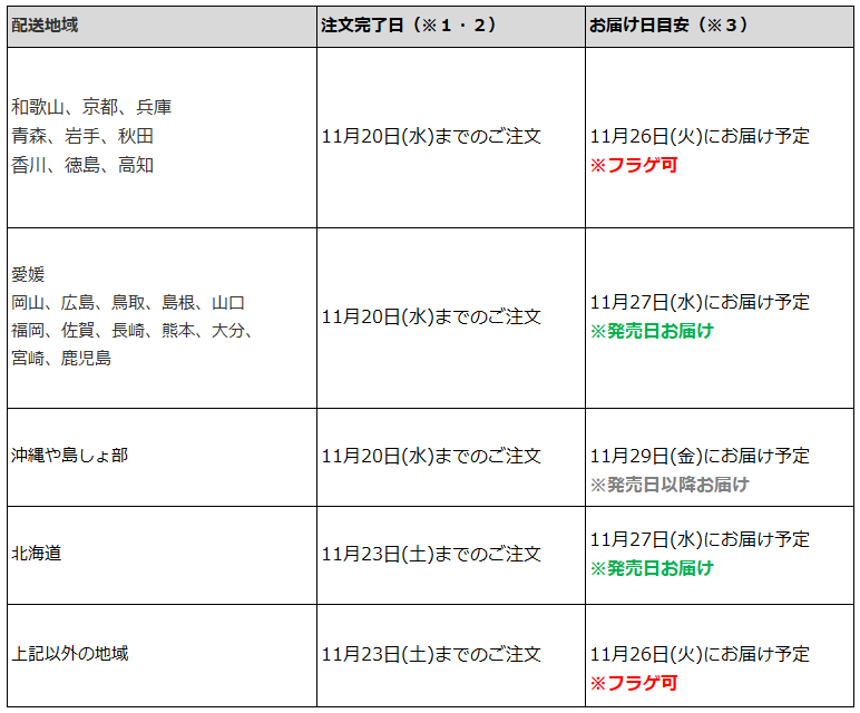 関東なら11月23日までの注文で、フラゲ日(11月26日)にお迎え可能