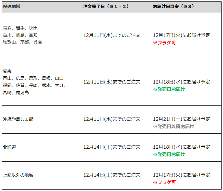 関東なら12月14日までの注文で、フラゲ日(12月17日)にお迎え可能
