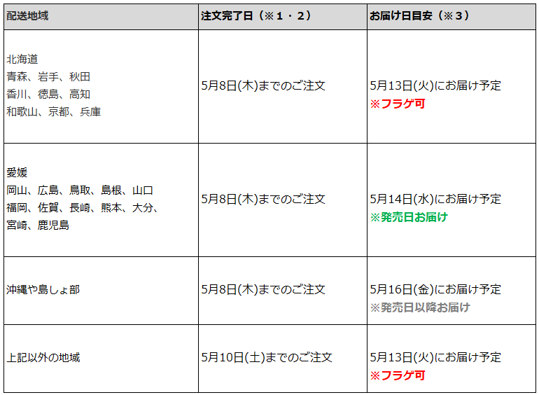 関東一都六県なら5月10日までの注文で5月13日の受取り(お迎え)可能