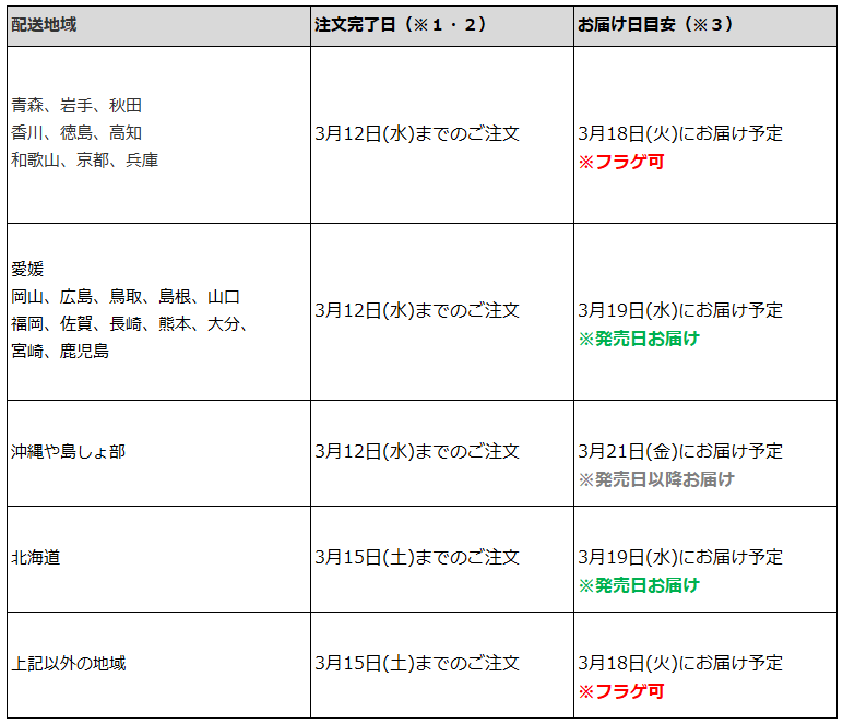 関東なら3月15日までの注文で、フラゲ日(3月18日)にお迎え可能