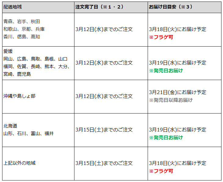 関東なら3月15日までの注文で、フラゲ日(3月18日)にお迎え可能