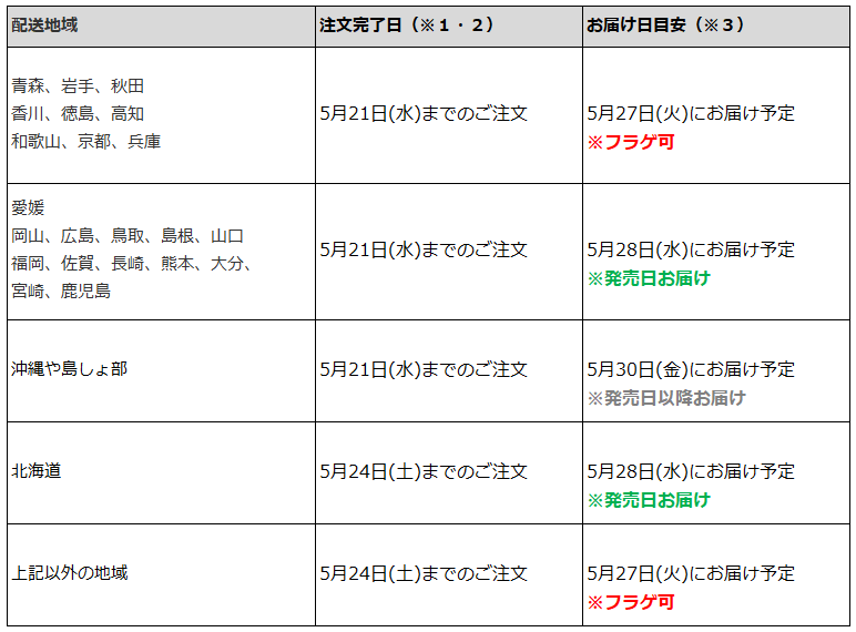 関東一都六県なら5月24日までの注文で5月27日の受取り(お迎え)可能