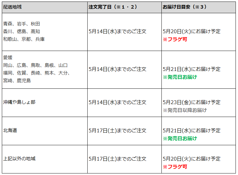 関東一都六県なら5月17日までの注文で5月20日の受取り(お迎え)可能