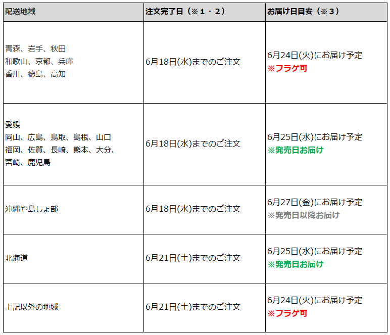 関東一都六県なら6月21日までの注文で6月24日の受取り(お迎え)可能
