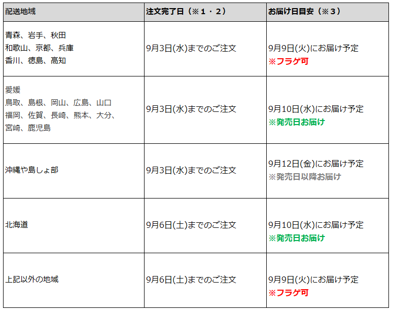 関東一都六県なら9月6日までの注文で9月9日の受取り(お迎え)可能