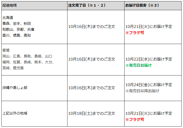 関東一都六県なら10月18日までの注文10月21日の受取り(お迎え)可能