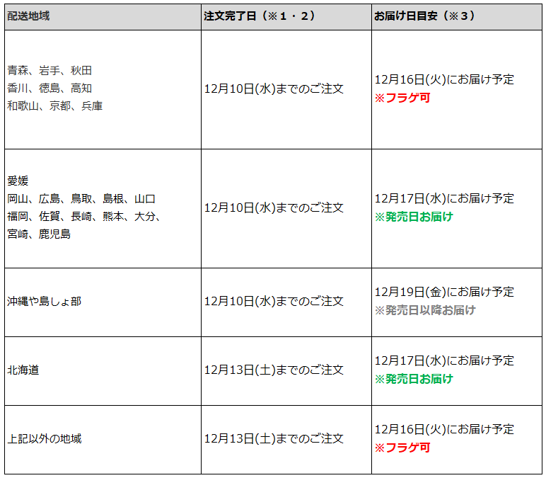 関東一都六県なら12月13日までの注文で12月16日の受取り(お迎え)可能