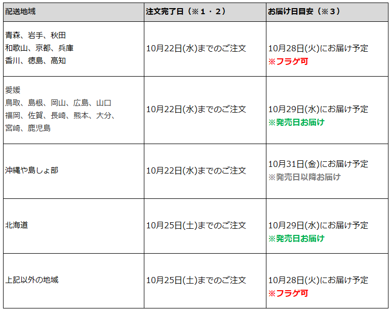 関東一都六県なら10月25日までの注文で10月28日の受取り(お迎え)可能