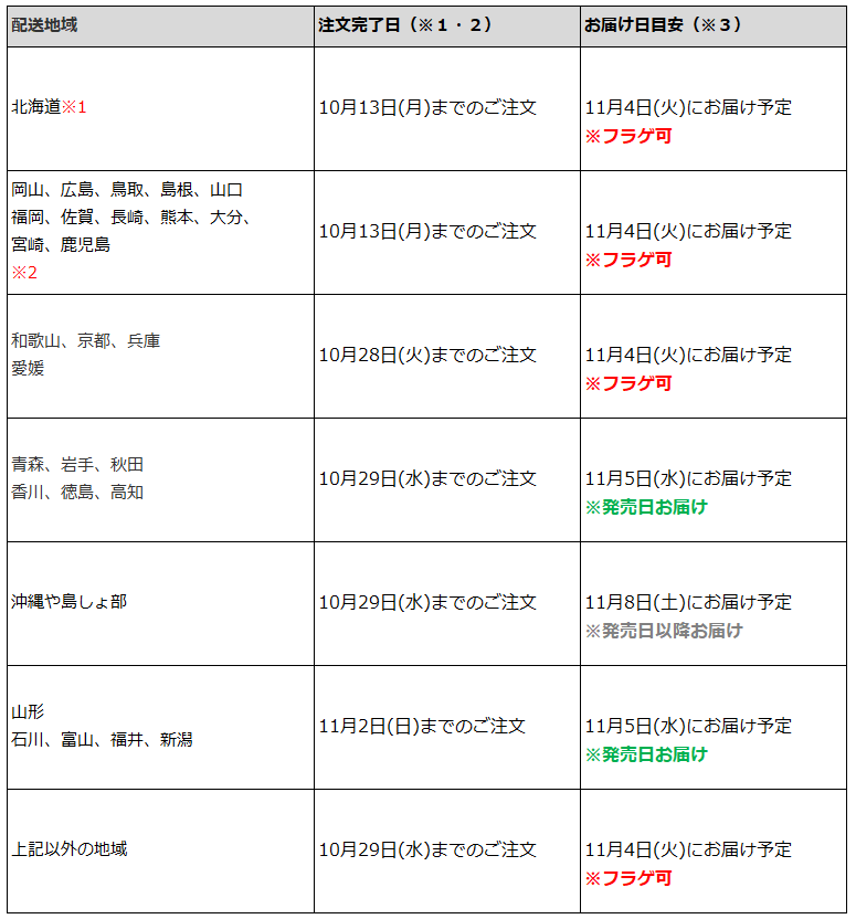関東一都六県なら10月29日までの注文11月4日の受取り(お迎え)可能