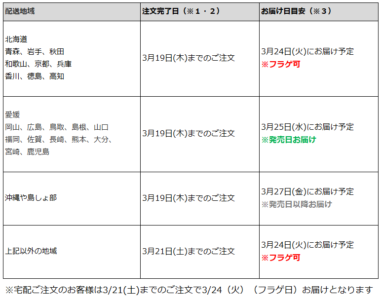 関東一都六県なら3月21日までの注文で3月24日の受取り(お迎え)可能