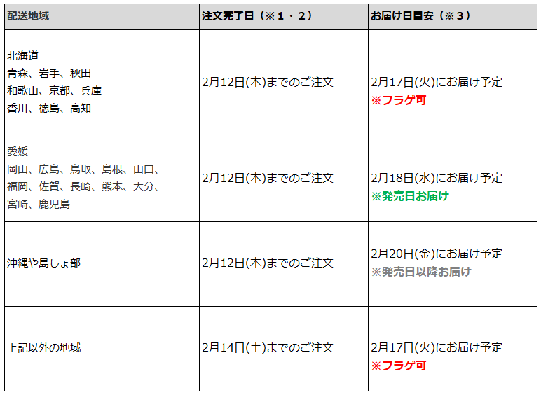 関東一都六県なら2月14日までの注文で2月17日の受取り(お迎え)可能