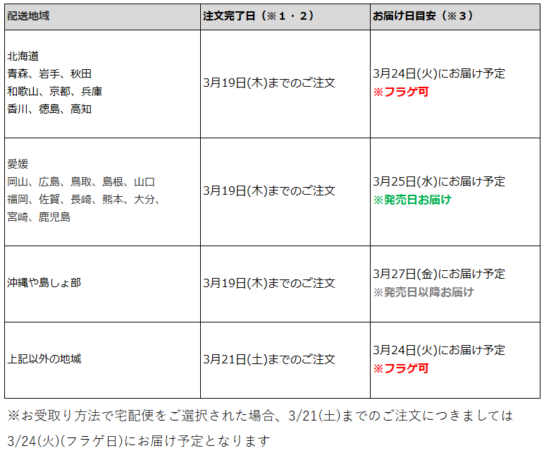 関東一都六県なら3月21日までの注文で3月24日の受取り(お迎え)可能