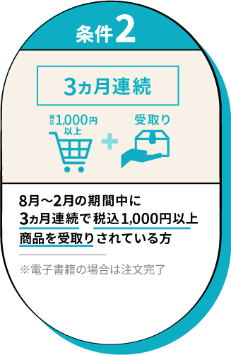 【条件2】8月～2月の期間中に3ヵ月連続で税込1,000円以上商品を受取りされている方※電子書籍の場合は注文完了