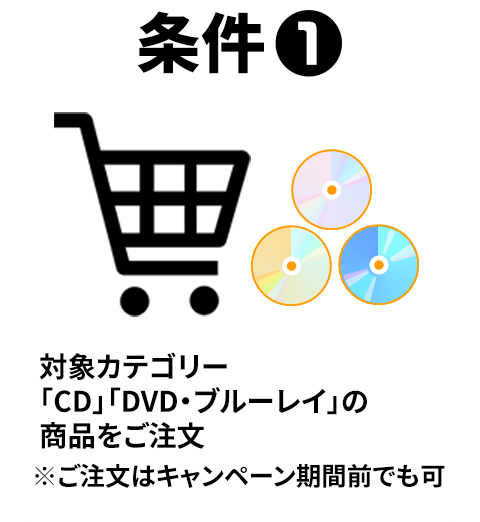 条件1 対象カテゴリー 「CD」「DVD・ブルーレイ」の商品をご注文 ※ご注文はキャンペーン期間前でも可