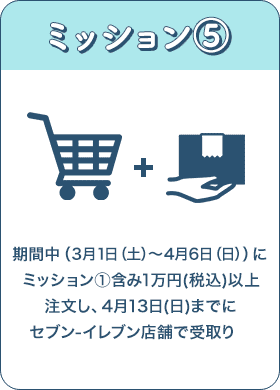 ミッション⑤／期間中（3月1日（土）～4月6日（日））に
ミッション①含み1万円(税込)以上
注文し、4月13日(日)までに
セブン‐イレブン店舗で受取り　