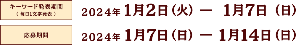 キーワード発表期間(毎日1文字発表)：2024/1/2(火)～2024/1/7(日)｜応募期間：2024/1/7(日)～2024/1/14(日)