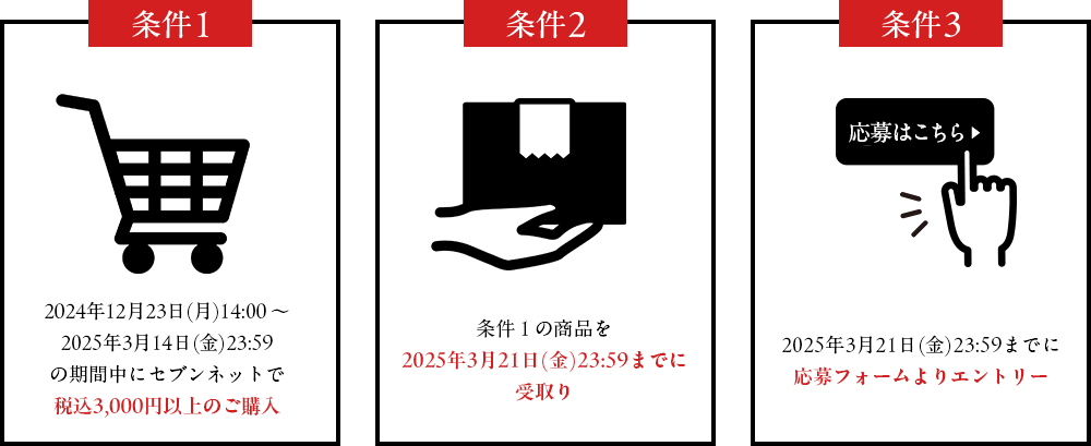 条件1:2024年12月23日(月)14:00~2025年3月14日(金)23:59の期間中にセブンネットで
税込3,000円以上のご購入/条件2:条件 1 の商品を2025年3月21日(金)23:59までに受取り/条件3:2025年3月21日(金)23:59までに応募フォームよりエントリー