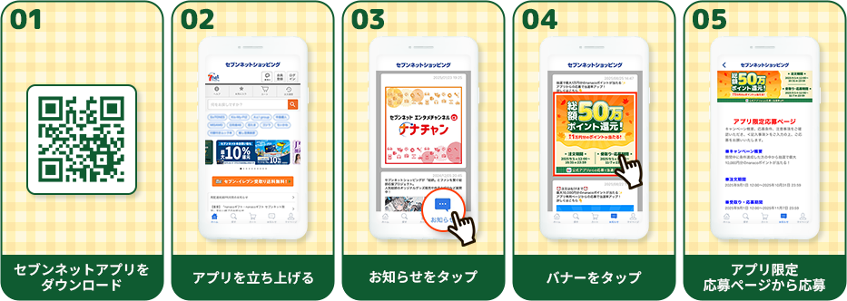 手順①セブンネットアプリをダウンロード　手順②アプリを立ち上げる　手順③お知らせをタップ　手順④バナーをタップ　手順⑤アプリ専用応募ページから応募