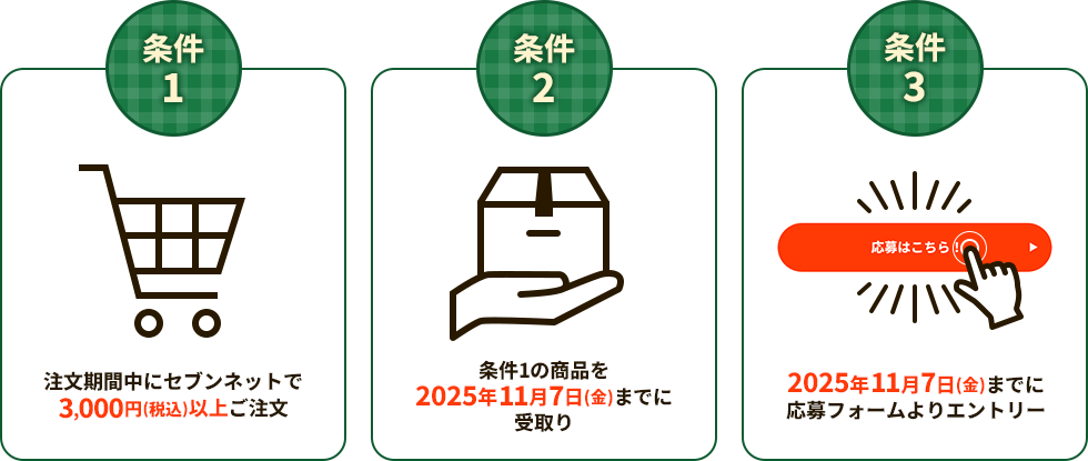条件① 注文期間中にセブンネットで3,000円(税込)以上ご注文 条件② 条件①の商品を2025年11月7日(金)までに受取り 条件③ 2025年11月7日(金)までに応募フォームよりエントリー