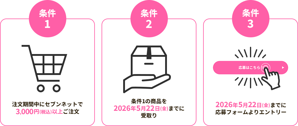 条件① 注文期間中にセブンネットで3,000円(税込)以上ご注文　条件② 条件①の商品を2026年5月22日(金)までに受取り　条件③ 2026年5月22日(金)までに応募フォームよりエントリー