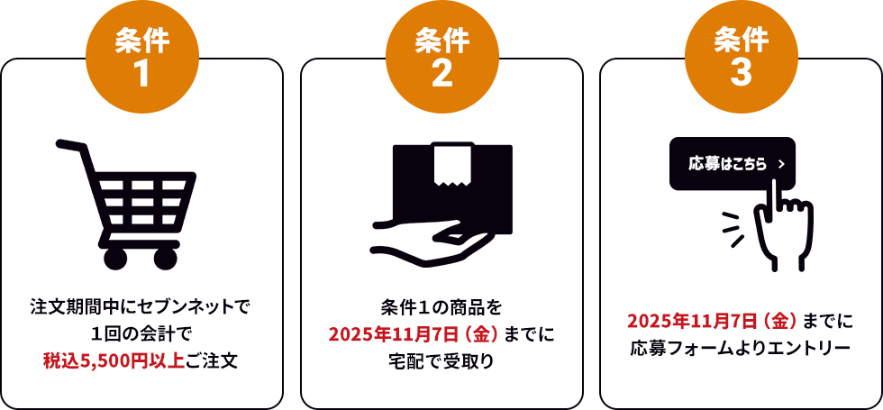 条件１：注文期間中にセブンネットで１回の会計で税込5,500円以上ご注文/条件２：条件１の商品を2025年11月7日（金）までに宅配で受取り/条件３：2025年11月7日（金）までに応募フォームよりエントリー
